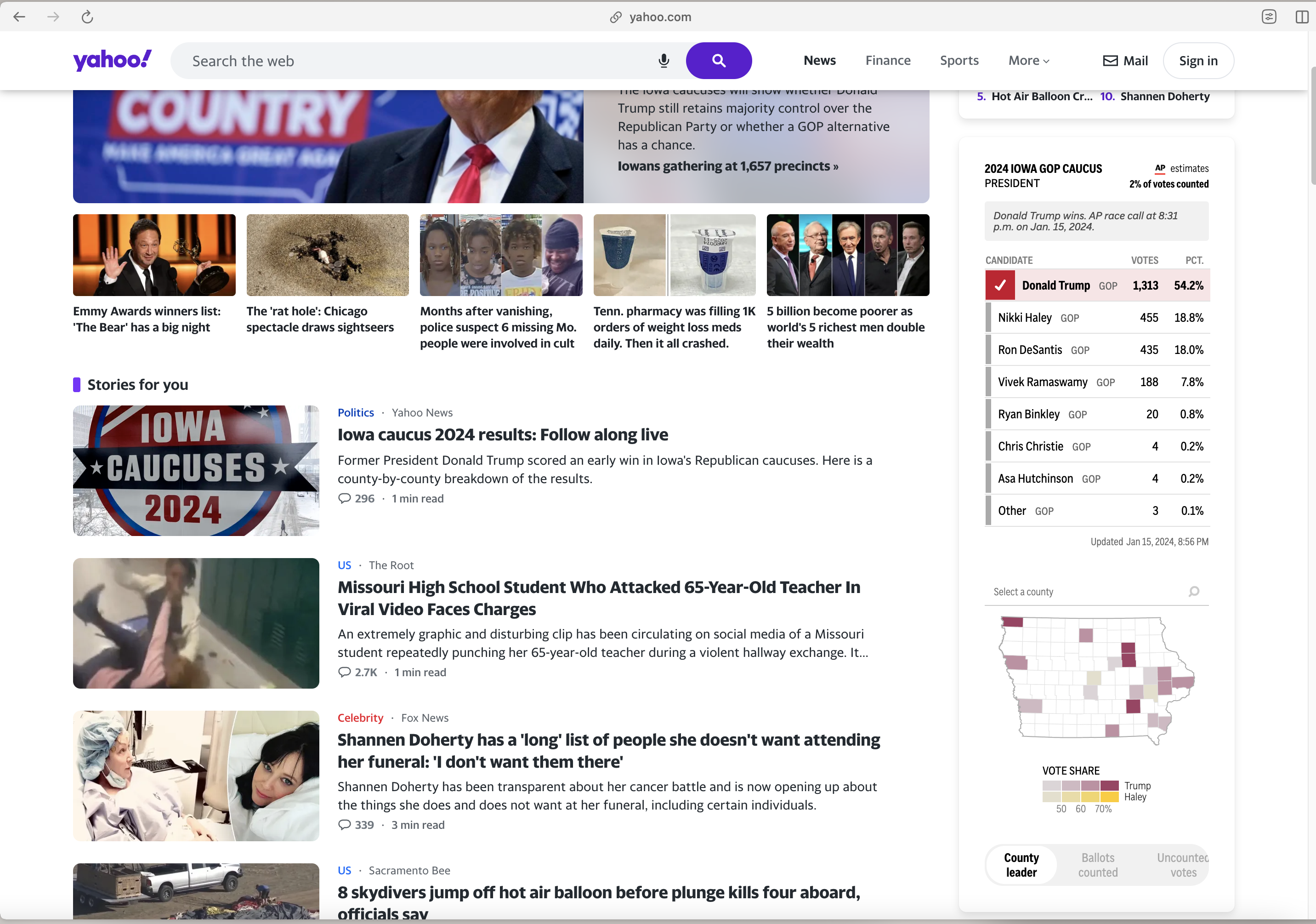 Yahoo Website on Iowa Caucus